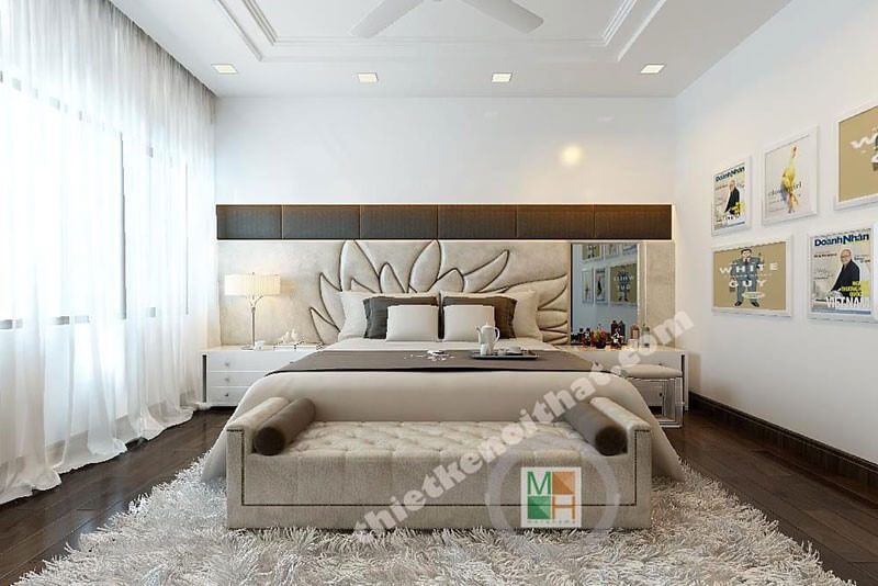 Giường ngủ đẹp với bọc nỉ đầu giường và các họa tiết độc đáo góp phần tô nên sắc màu cho phòng ngủ.