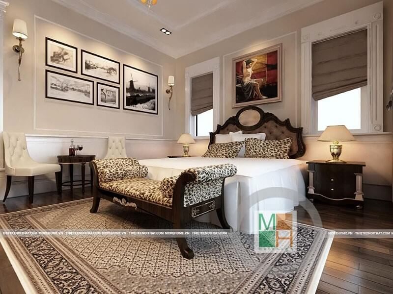 Sofa giường gỗ tự nhiên với bọc da có họa tiết đẹp mang lại sự ấn tượng mạnh mẽ trong không gian phòng ngủ.